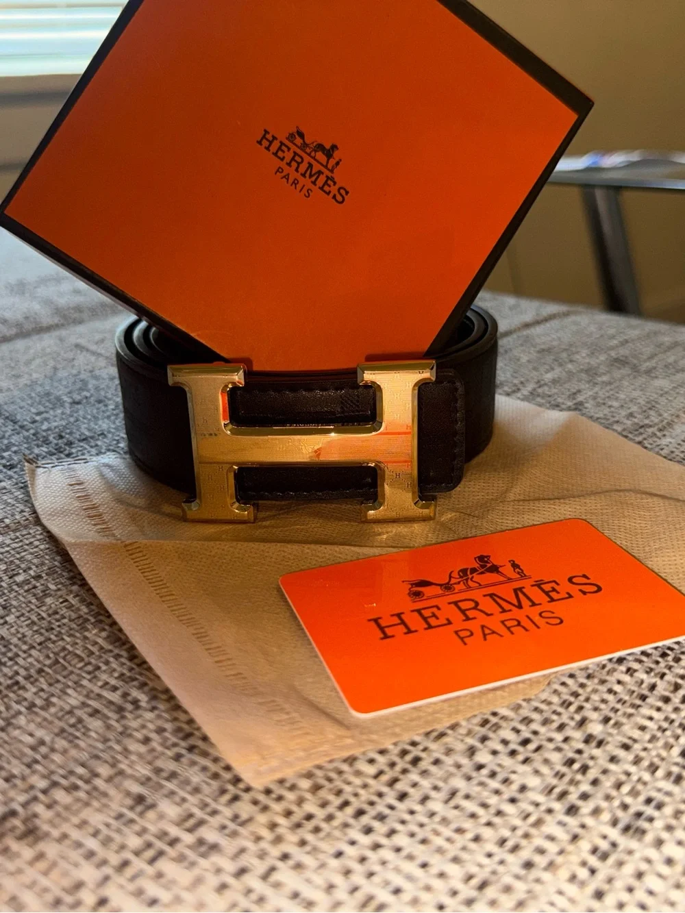 Hermes Black Leather Belt with Gold H Buckle